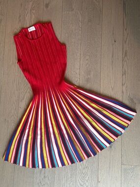 Milly Red Knit Dress with Multicolor Pinstripes